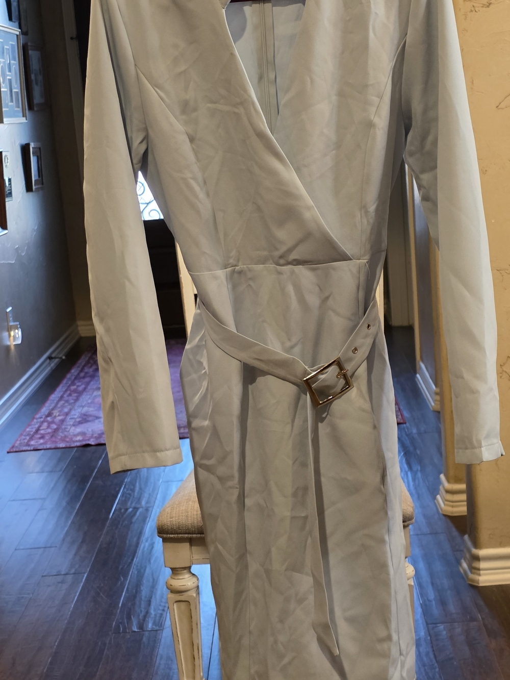 Women’s Light Blue Wrap Style Midi Dress Belted Long Sleeve Size Large